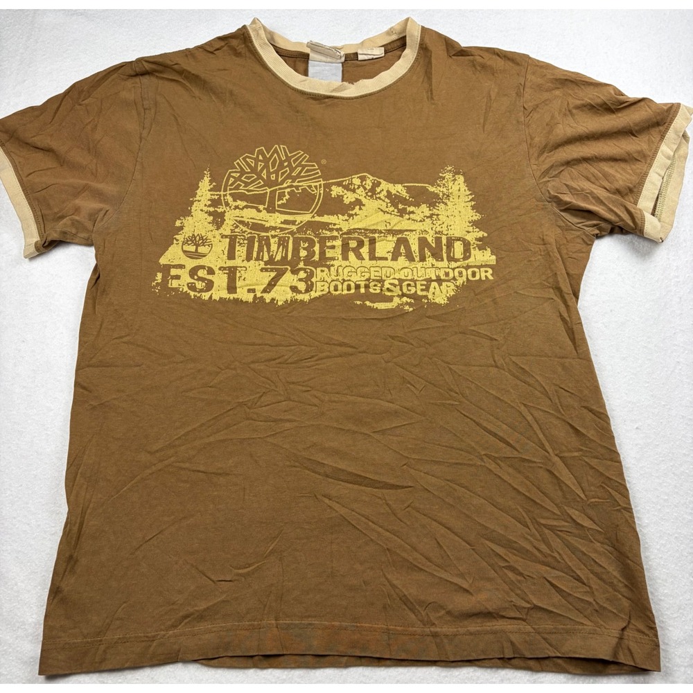 Timberland Mens Ringer T-Shirt Brown Graphic Est 73 Outdoor Gear Size Medium
